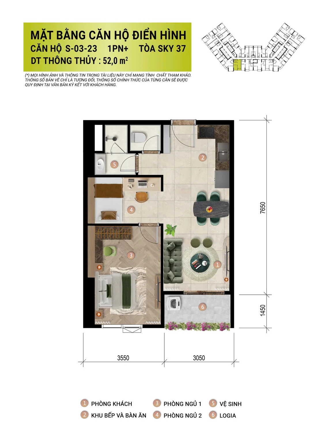 Mặt bằng căn hộ 1PN+ 52m2