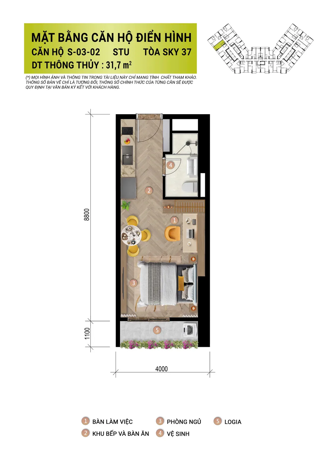 Mặt bằng căn hộ Studio 31,7m2